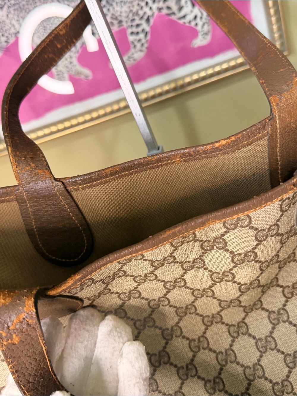 Gucci Brown GG Supreme Canvas Tote with Green-Red Stripe and Gold Hardware - Picture 7 of 16